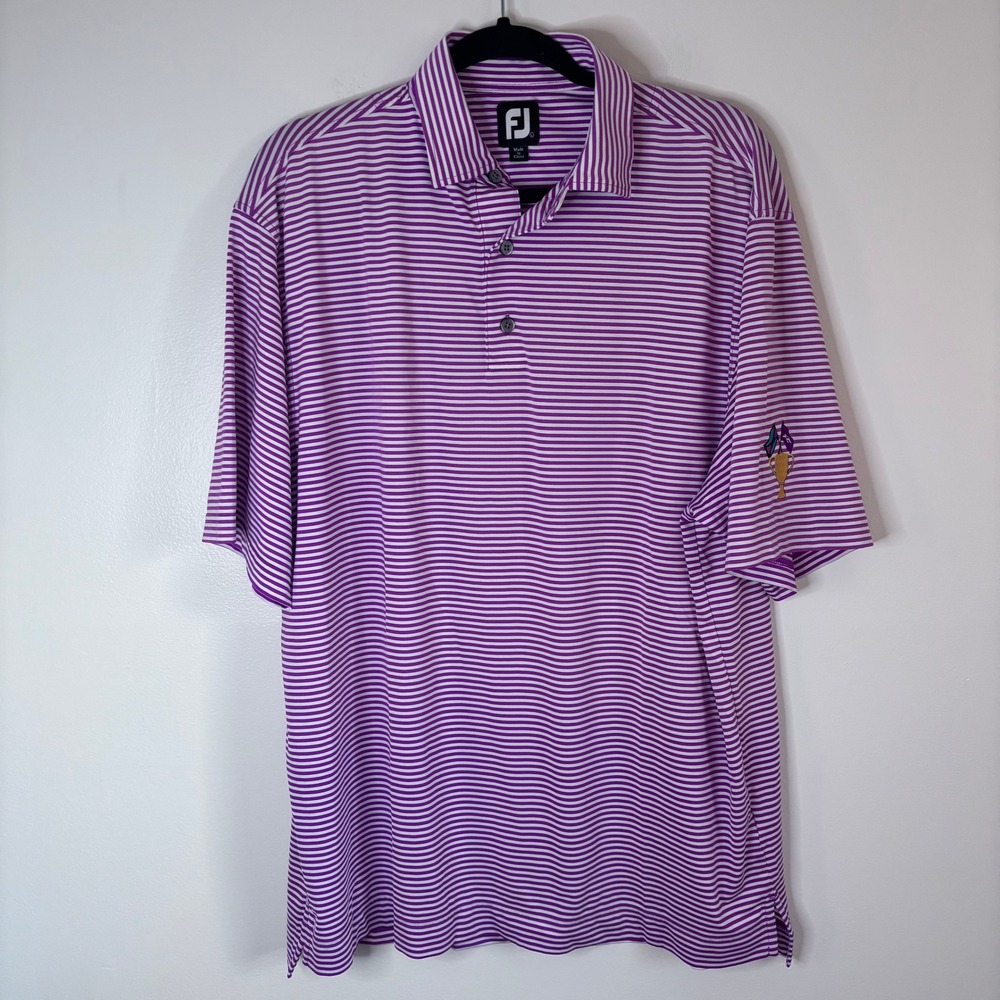 FootJoy Mens Purple White Striped Golf Performance Polo Shirt Trophy Logo Size L